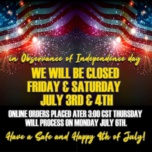 We will be closed July 3rd and 4th to observe Independence Day.